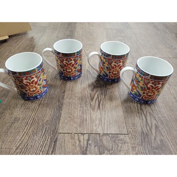 Imari Edo Coffee Tea Mug Cup China Red Blue Asian Floral Set of 4 Lot kitchen - Picture 1 of 6